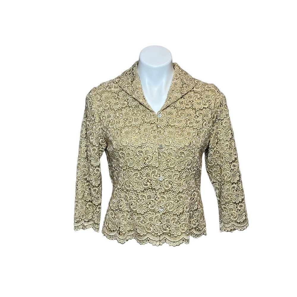 Talbots vintage metallic gold lace overlay evening jacket size 4